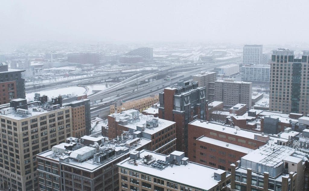 Aerial view of a city under snow